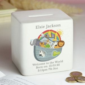 Baby's Personalised Noah's Ark Square China Money Box Cube