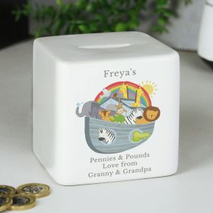 Baby's Personalised Noah's Ark Square China Money Box Cube