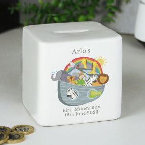 Baby's Personalised Noah's Ark Square China Money Box Cube