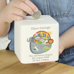 Baby's Personalised Noah's Ark Square China Money Box Cube