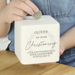 Personalised Christening White Ceramic Square Money Box Cube