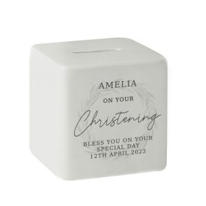 Personalised Christening White Ceramic Square Money Box Cube