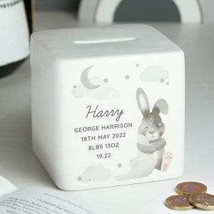 Personalised Baby Bunny Square China Money Box Cube