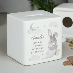Personalised Baby Bunny Square China Money Box Cube