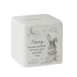 Personalised Baby Bunny Square China Money Box Cube