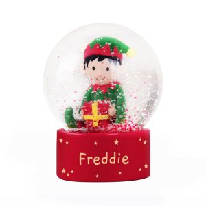 Personalised Name Only Red Christmas Elf Glitter Snow Globe