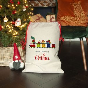 Personalised Kid's White Christmas Train Santa Sack