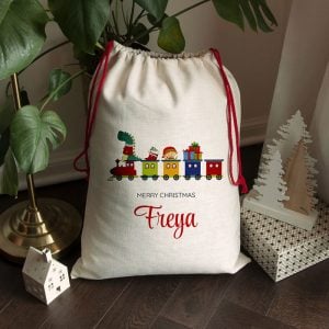 Personalised Kid's White Christmas Train Santa Sack