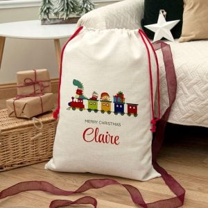 Personalised Kid's White Christmas Train Santa Sack