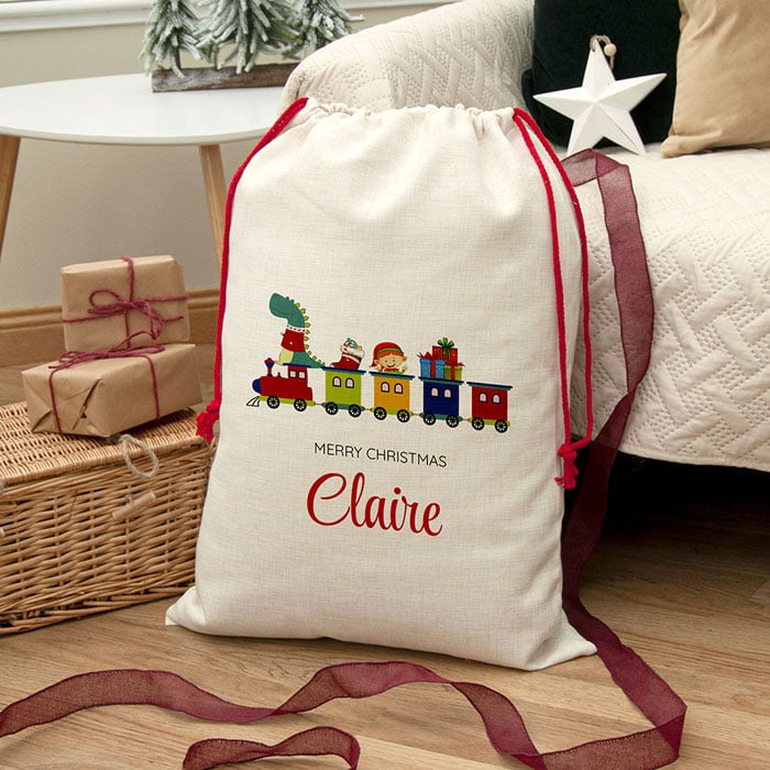 Personalised Kid's White Christmas Train Santa Sack