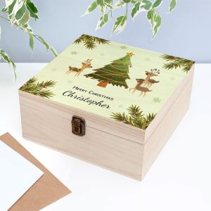 Kids Personalised Playing Reindeers Wooden Christmas Eve Box