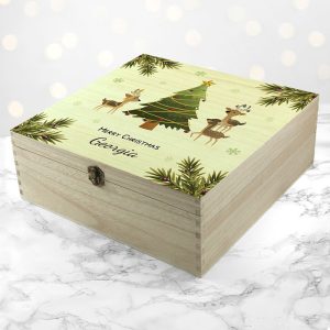 Kids Personalised Playing Reindeers Wooden Christmas Eve Box