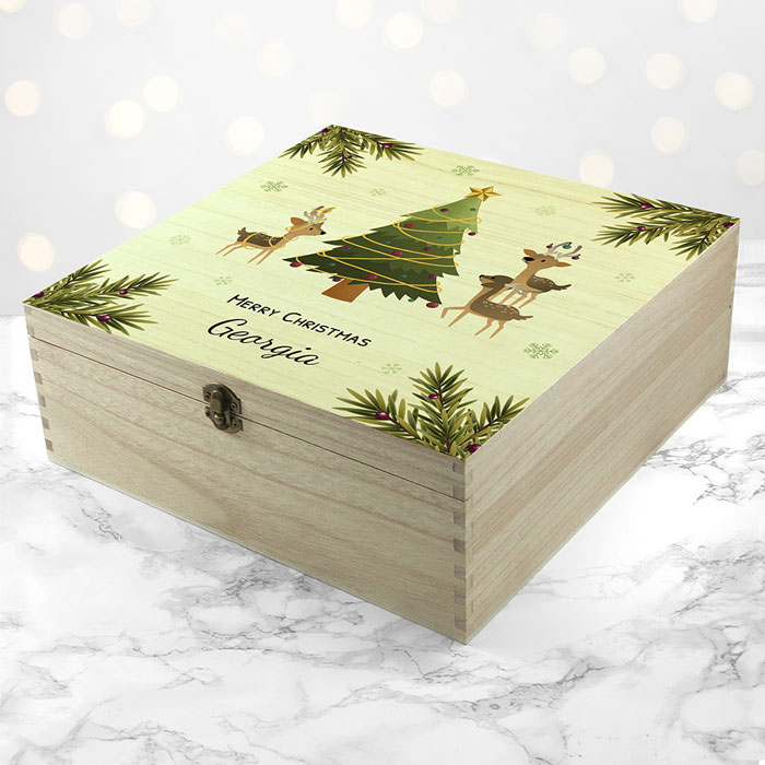 Kids Personalised Playing Reindeers Wooden Christmas Eve Box