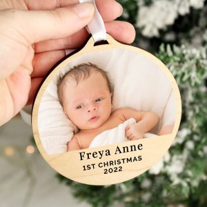 Personalised Photo Upload Round Wooden Xmas Tree Decoration
