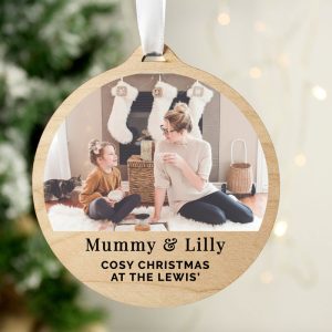 Personalised Photo Upload Round Wooden Xmas Tree Decoration
