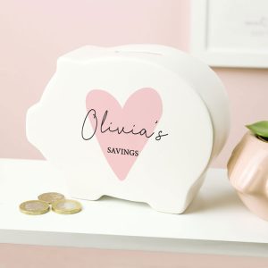 Personalised Pink Heart White Ceramic Piggy Bank Money Box