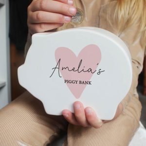 Personalised Pink Heart White Ceramic Piggy Bank Money Box