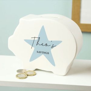 Personalised Blue Star White Ceramic Piggy Bank Money Box