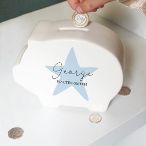 Personalised Blue Star White Ceramic Piggy Bank Money Box