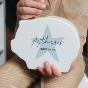 Personalised Blue Star White Ceramic Piggy Bank Money Box