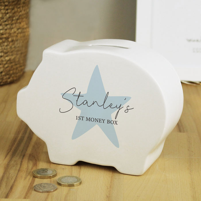 Personalised Blue Star White Ceramic Piggy Bank Money Box