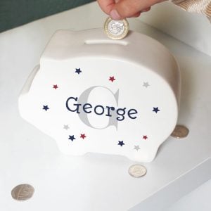 Kid's Personalised Name & Initial White Ceramic Piggy Bank