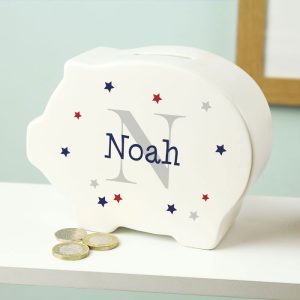 Kid's Personalised Name & Initial White Ceramic Piggy Bank