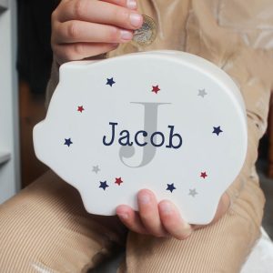 Kid's Personalised Name & Initial White Ceramic Piggy Bank
