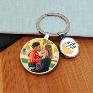 Moon & Back Charm Photo Upload Round Key Ring