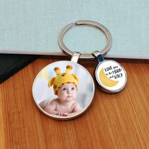 Moon & Back Charm Photo Upload Round Key Ring