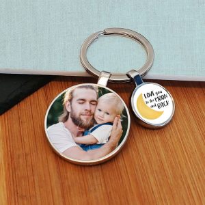 Moon & Back Charm Photo Upload Round Key Ring