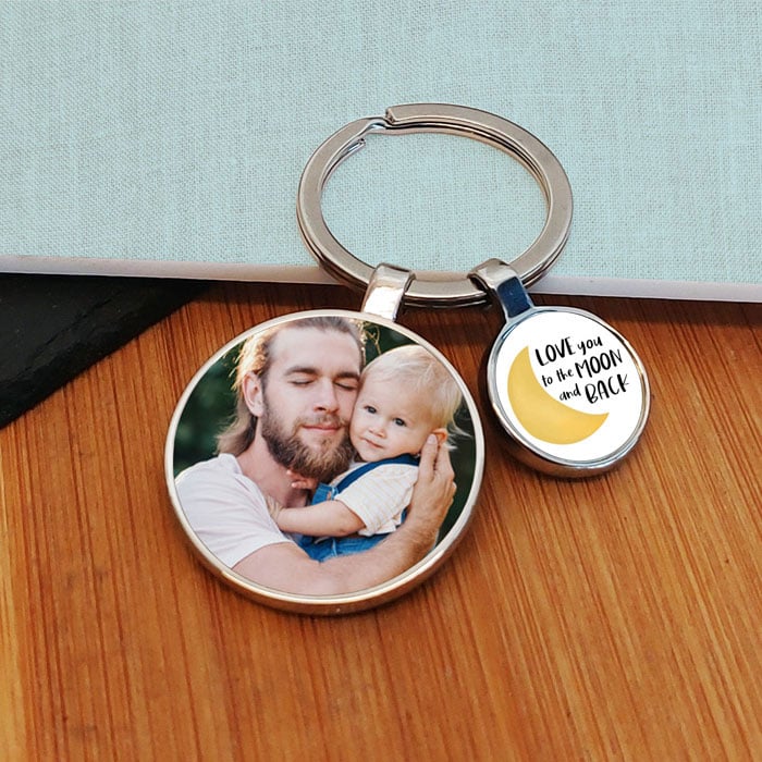 Moon & Back Charm Photo Upload Round Key Ring