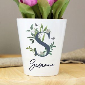 Personalised Botanical Ceramic Plant Pot - Name and Initial
