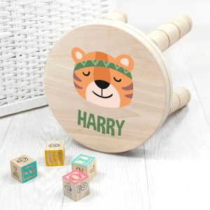 Personalised Kid's Cute Tiger Wooden Stool For a Boy or Girl