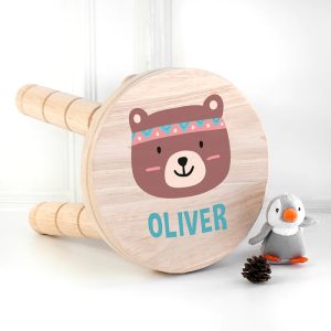 Personalised Cute Bear Wooden Stool Boy, Girl, Toddler