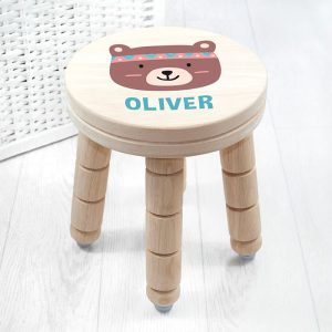 Personalised Cute Bear Wooden Stool Boy, Girl, Toddler
