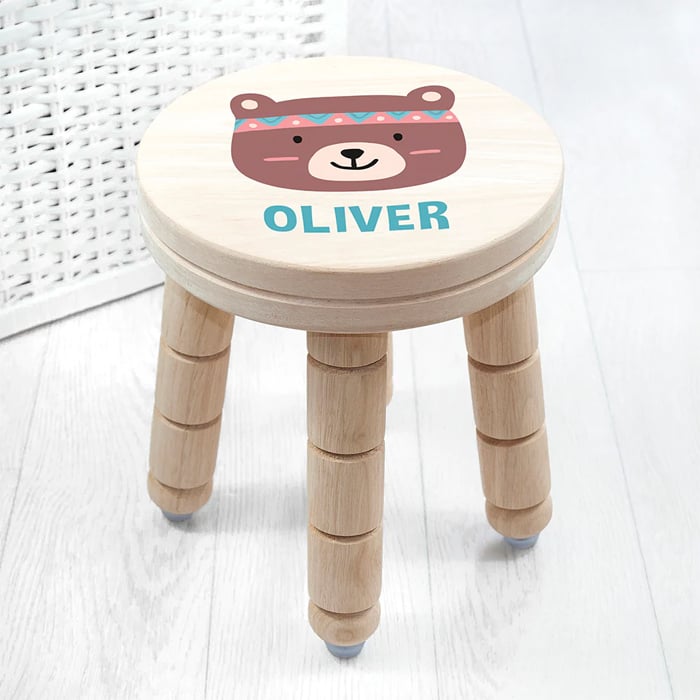 Personalised Cute Bear Wooden Stool Boy, Girl, Toddler