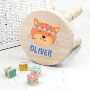 Personalised Kids Cute Kitten Wooden Stool For a Boy or Girl