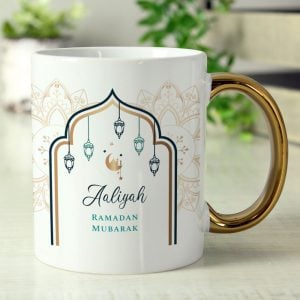 Personalised Eid and Ramadan Gold Handled White Ceramic Mug