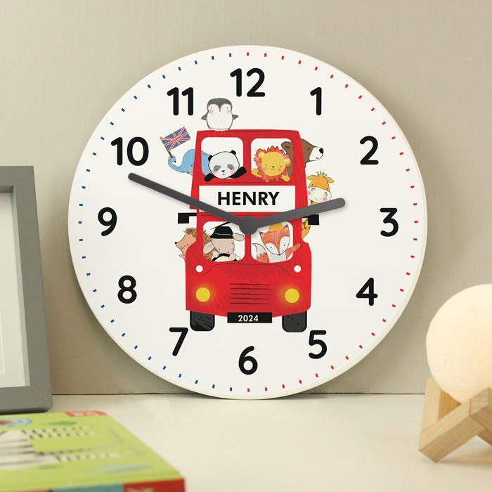 Personalised London Animal Bus Wooden Clock Toddler Child