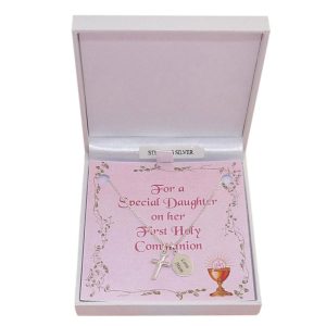 Sterling Silver Communion Necklace With Cross & Engraved Tag