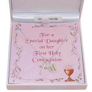 Sterling Silver Communion Necklace With Cross & Engraved Tag