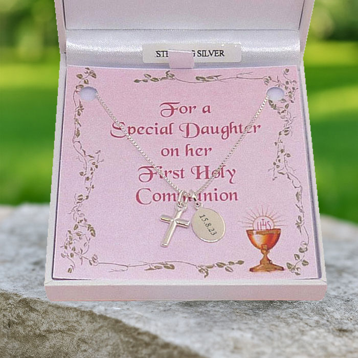 Sterling Silver Communion Necklace With Cross & Engraved Tag