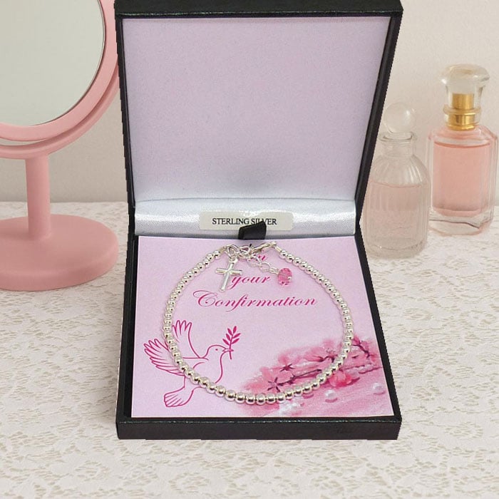 Sterling Silver Confirmation Bracelet With Pink Crystal