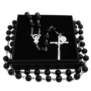 Black Glass Pearl Rosary With Personalised Silver Tag
