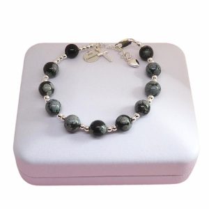 Personalised Black Obsidian Rosary Heart & Cross Bracelet