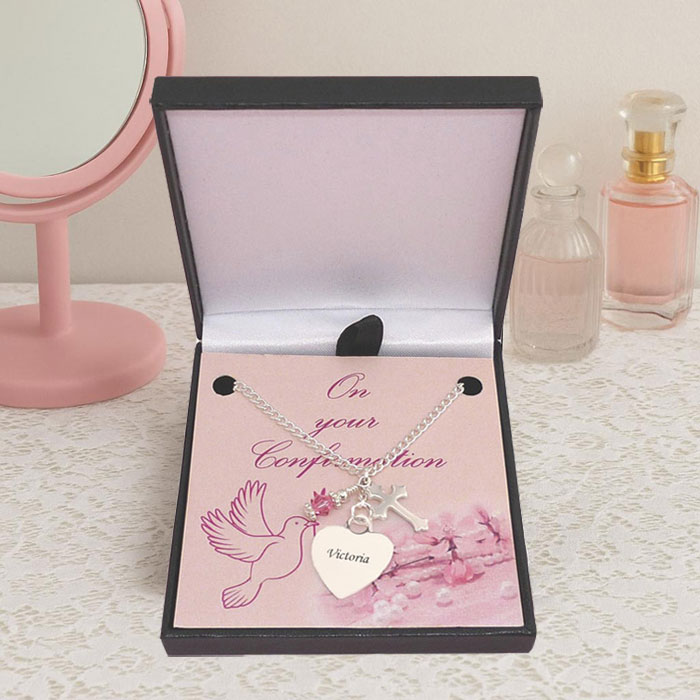 Engraved Confirmation Necklace With Cross & Pink Crystal