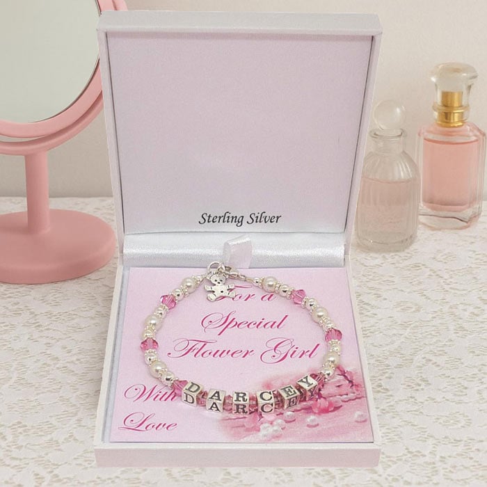 Personalised Silver & Pink Crystal Flower Girl Name Bracelet