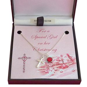 Girl's Sterling Silver Cross Birthstone Christening Necklace
