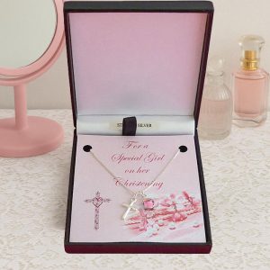 Girl's Sterling Silver Cross Birthstone Christening Necklace